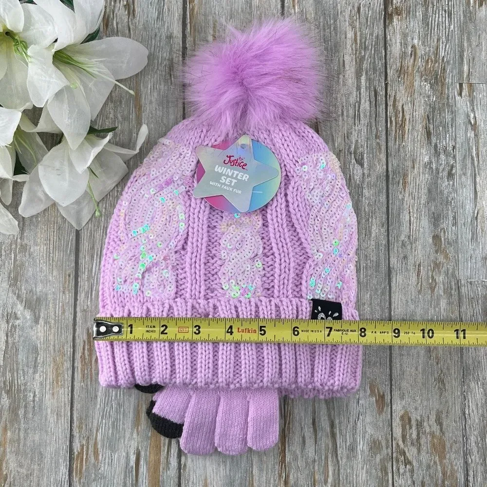 Girls Justice Sequin Cable Knit Hat and Gloves Set Pink 2-Pack